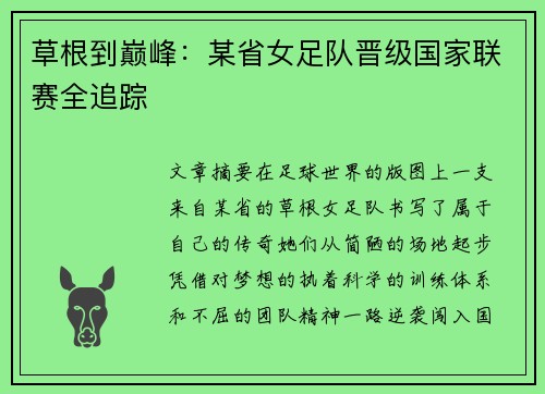 草根到巅峰：某省女足队晋级国家联赛全追踪