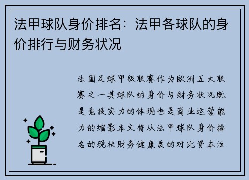 法甲球队身价排名：法甲各球队的身价排行与财务状况
